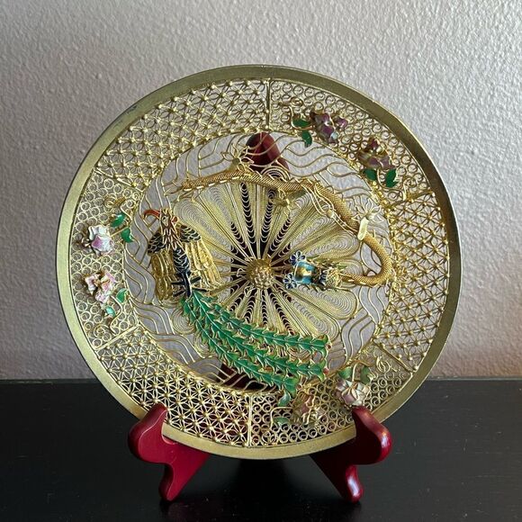 Chinese gold filigree enamel 3D dragon Phoenix decorative plate - Picture 2 of 14